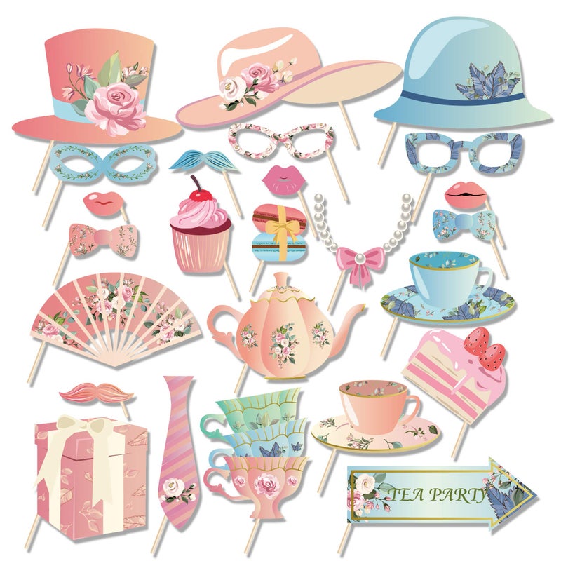 CC HOME 25CT Tea Party Photo Booth Props,Floral Party Supplies,Tea Garden Party Decorations - Image 1